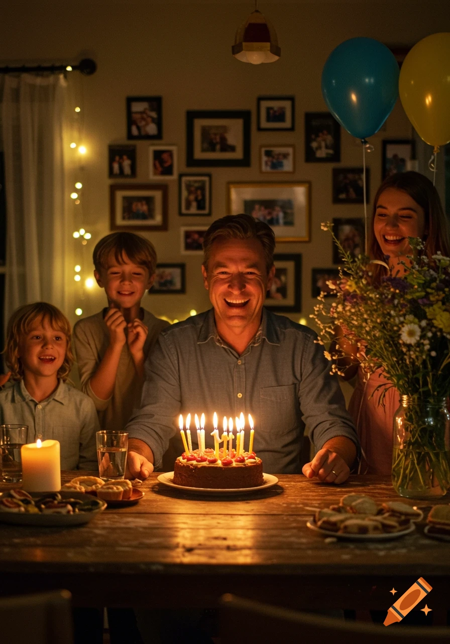 A family gathered around a table, celebrating a birthday with a cake and candles. Photorealistic.