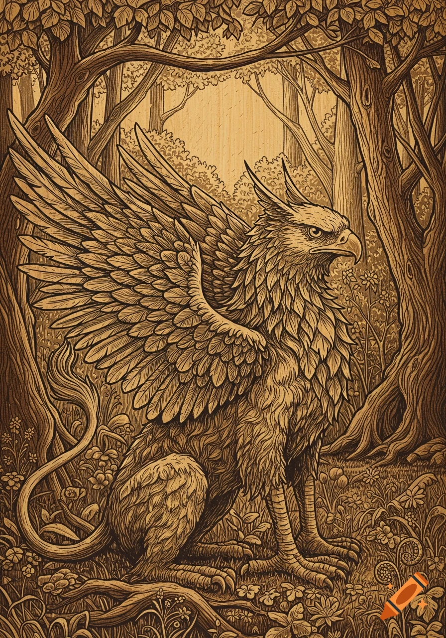 A woodcut illustration of a majestic griffin sitting in a forest clearing.