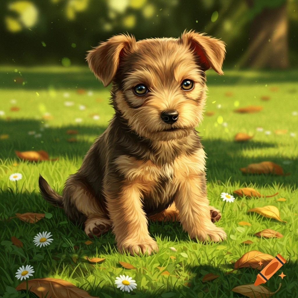 A cute brown and black puppy sits in a grassy field with white daisies and autumn leaves.