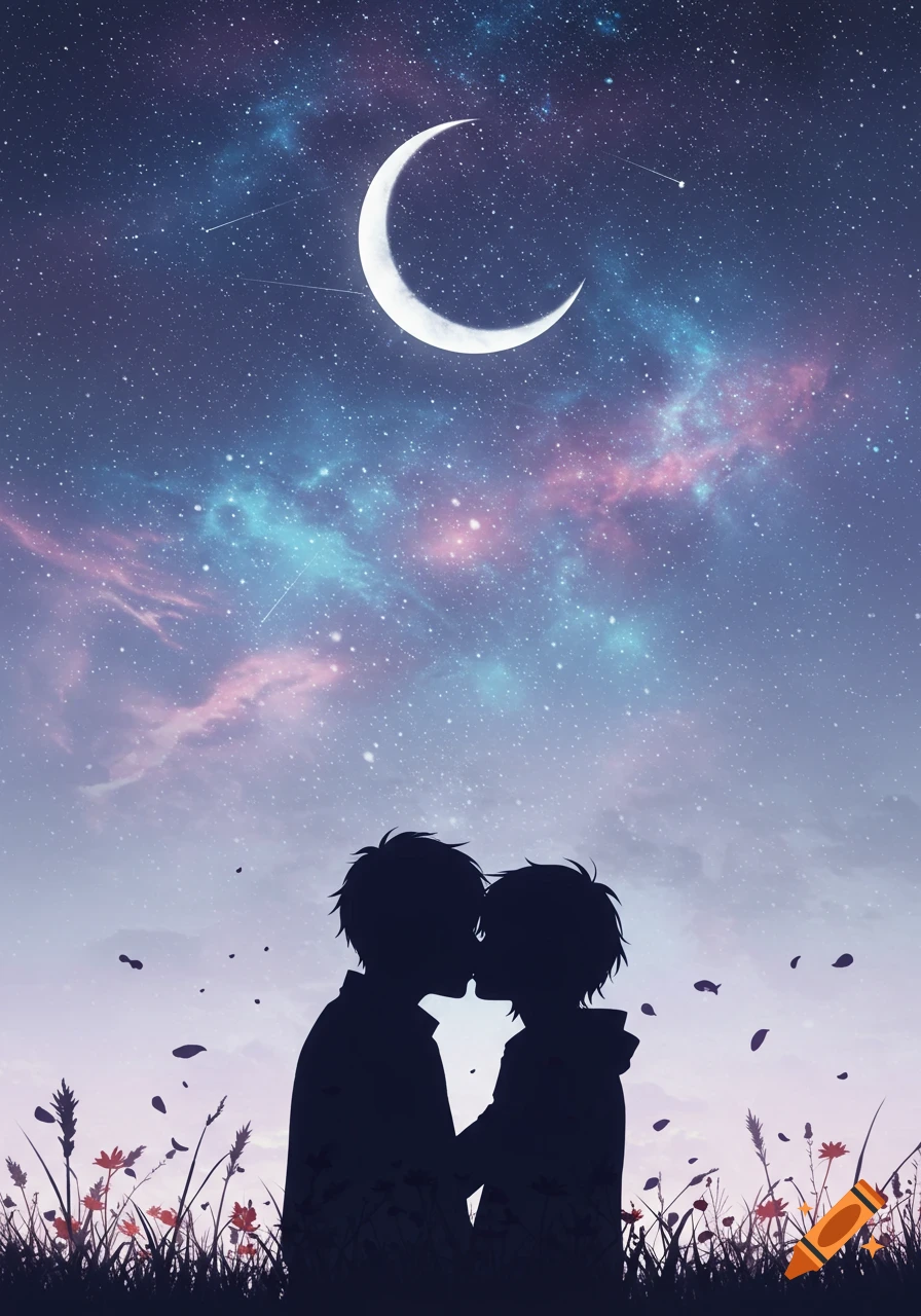 Anime-style silhouette of two people kissing under a crescent moon and a vibrant starry night sky with wildflowers.