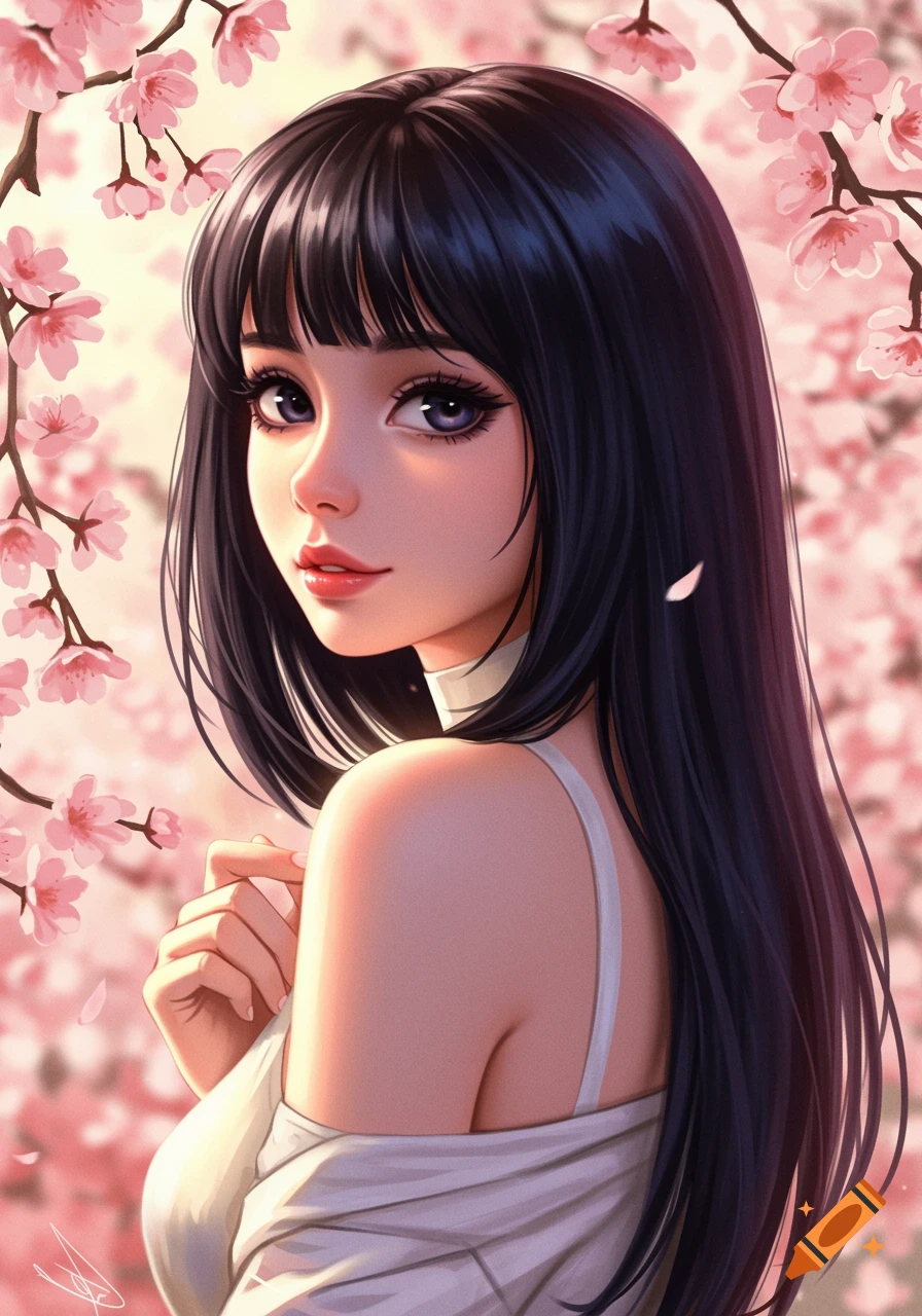 Anime portrait of a girl with black hime-cut hair looking over her shoulder, surrounded by pink cherry blossoms.