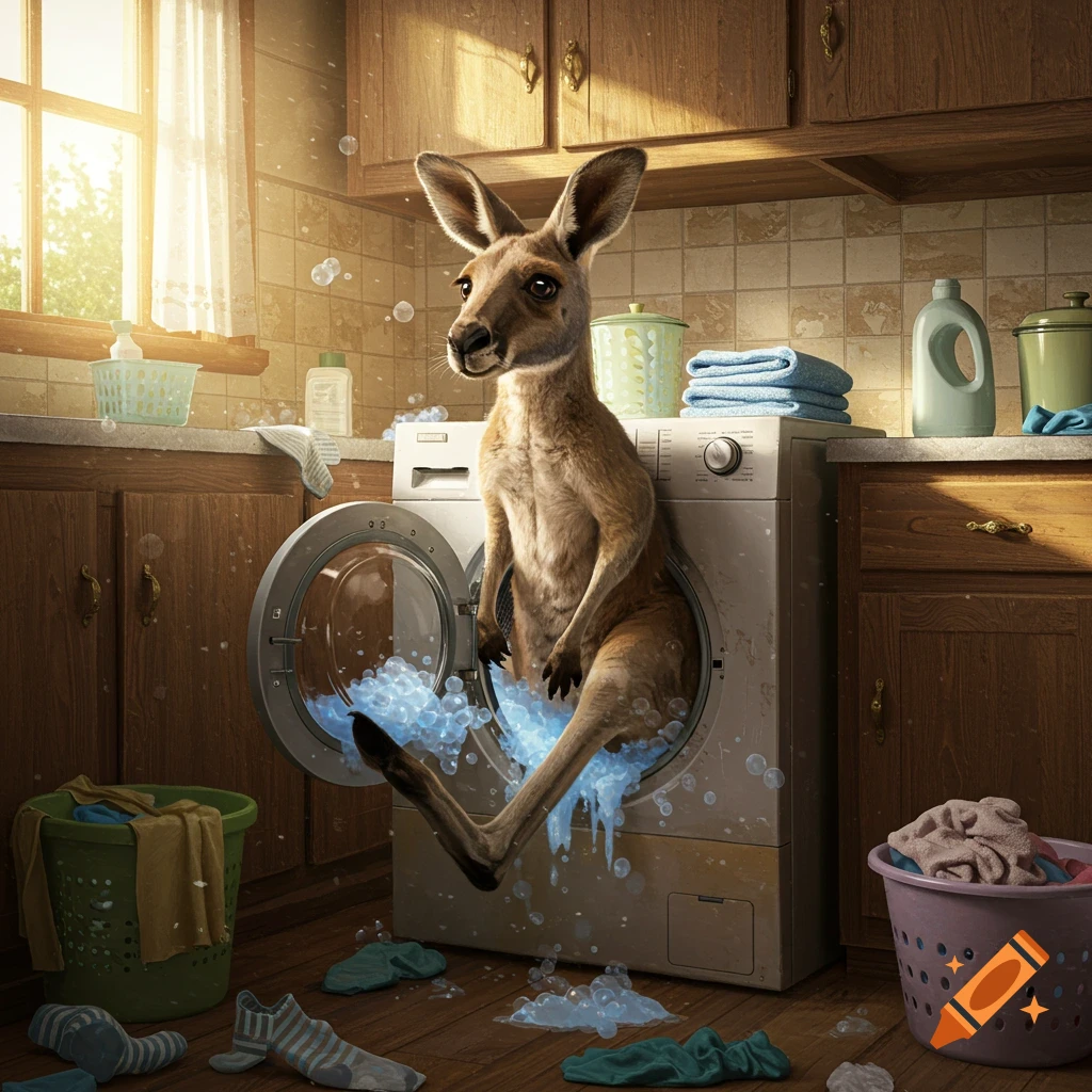 A photorealistic image of a kangaroo sitting inside a front-loading washing machine, surrounded by soap bubbles, in a sunny laundry room.