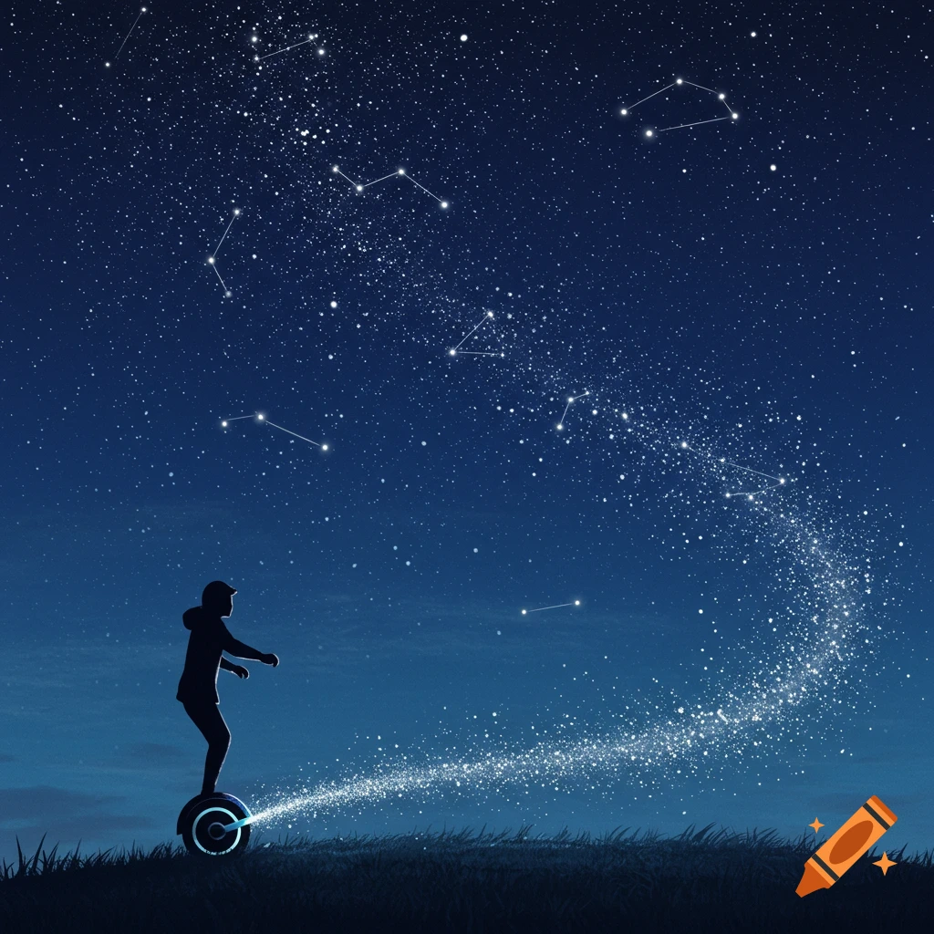Silhouette of a person riding a glowing one-wheel on a grassy hill, leaving a trail of sparkling stars under a dark blue starry night sky.