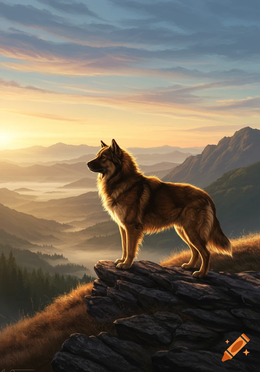 A majestic dog stands on a rocky peak, looking out over a misty mountain range at sunrise.
