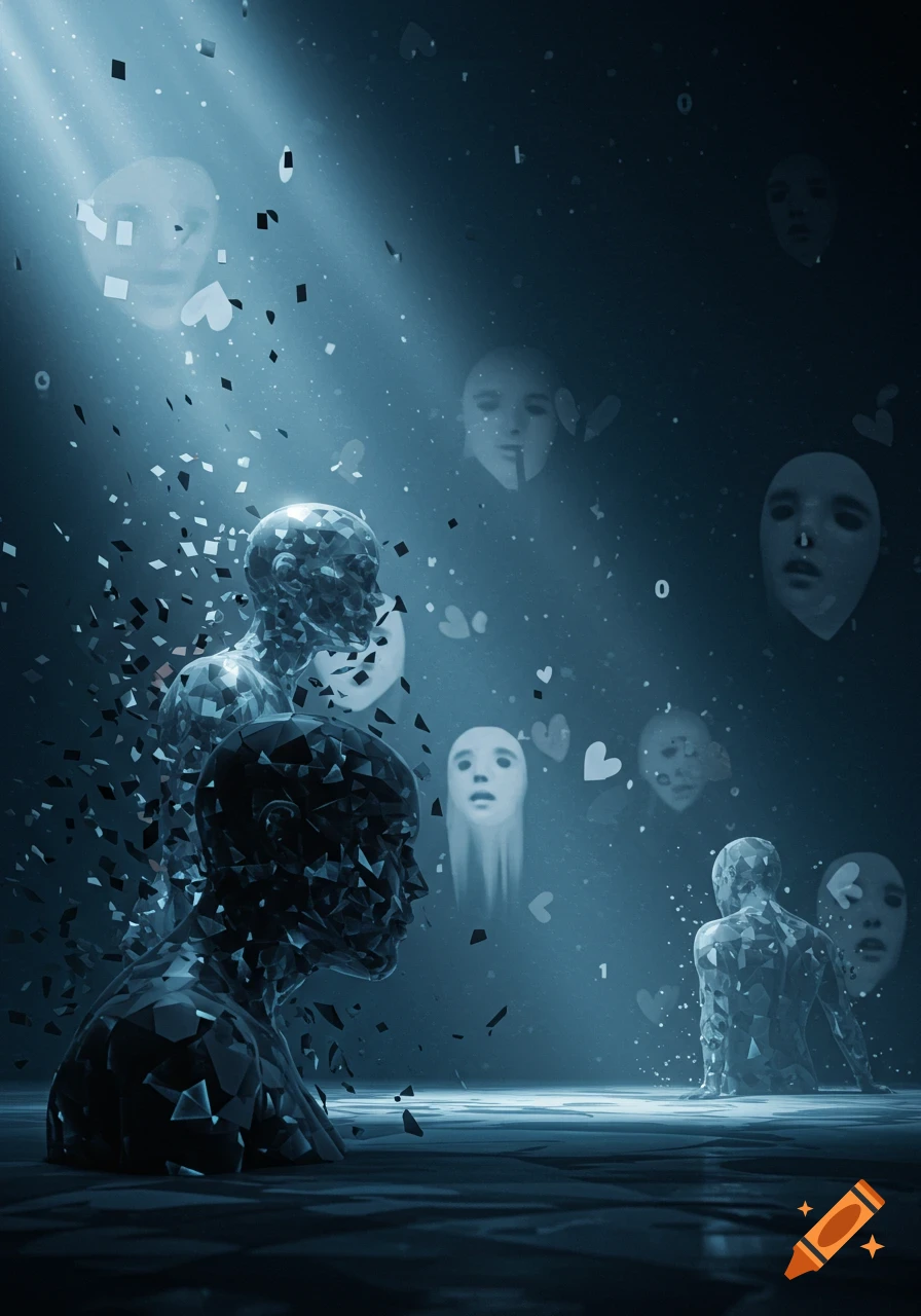 Abstract digital art of fragmented, crystalline figures in a dark, ethereal setting with floating faces and light rays.