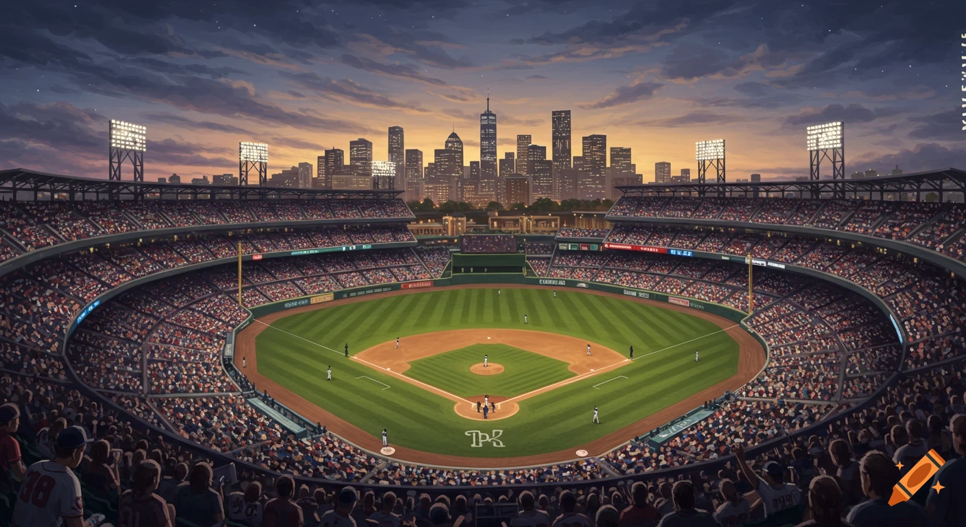 A wide, high-angle view of a packed baseball stadium at dusk, with a cityscape and illuminated skyscrapers in the background under a cloudy sky.