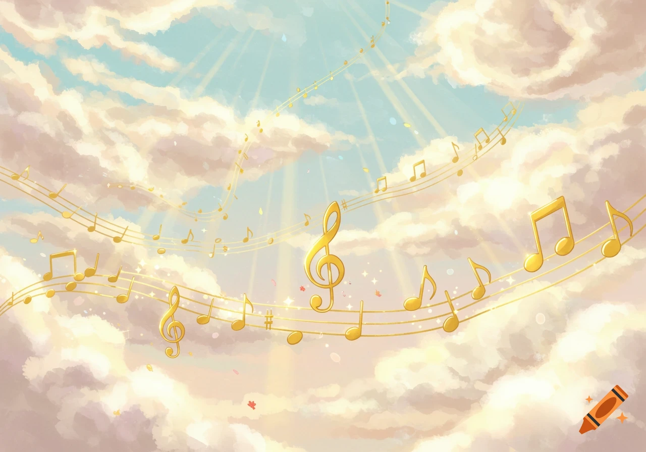 Golden musical notes and staffs float through a bright, cloudy sky with sun rays shining through.