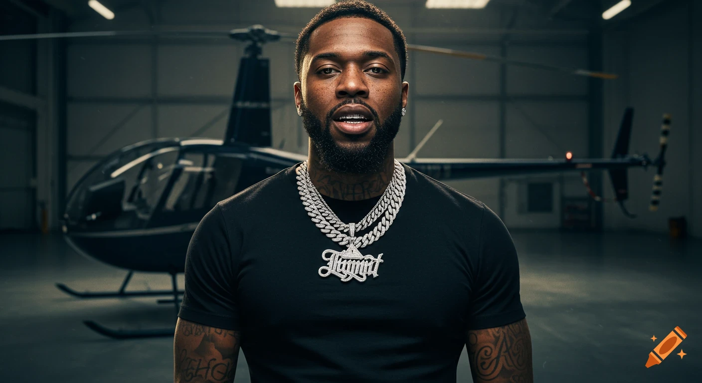 A man with a beard, diamond chains, and a grill stands in front of a helicopter in a hangar. Cinematic photograph.