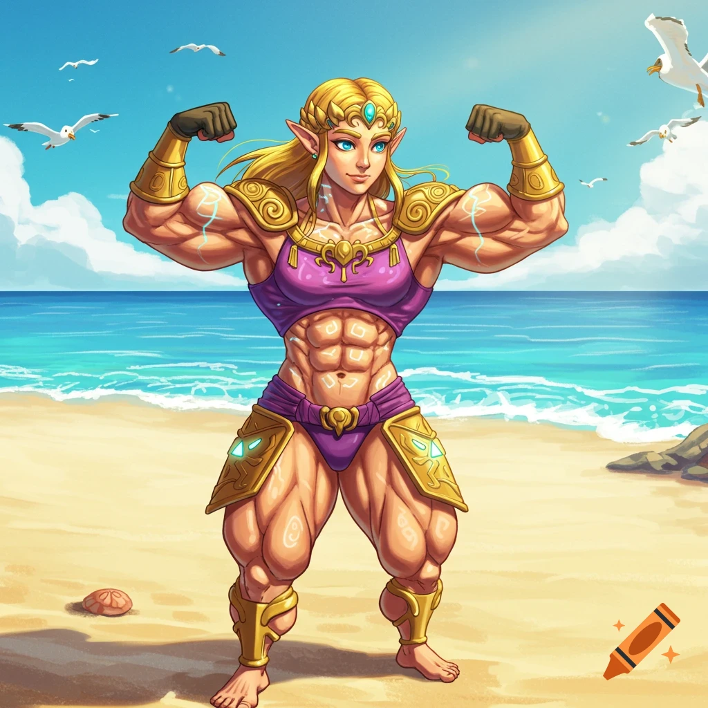 Muscular Princess Zelda flexing her biceps on a sunny beach, rendered in a vibrant, game art style.
