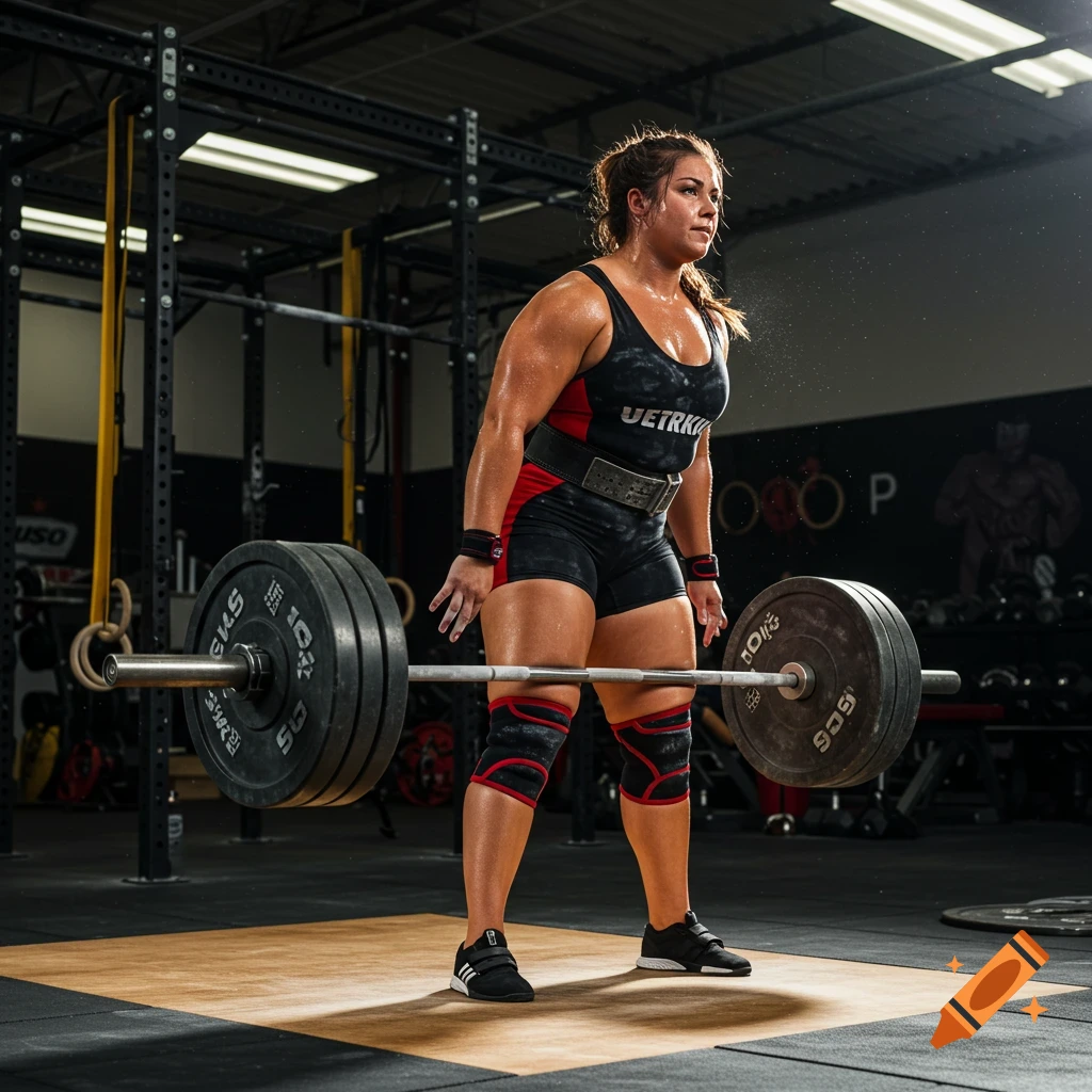 A strong female powerlifter stands in a gym, preparing to lift a heavy barbell.