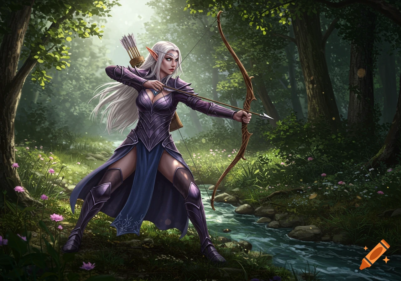 A hyperrealistic digital art rendering of an adult female elf with long white hair, dressed in purple and blue armor, holding a bow and arrow in a lush forest by a stream.