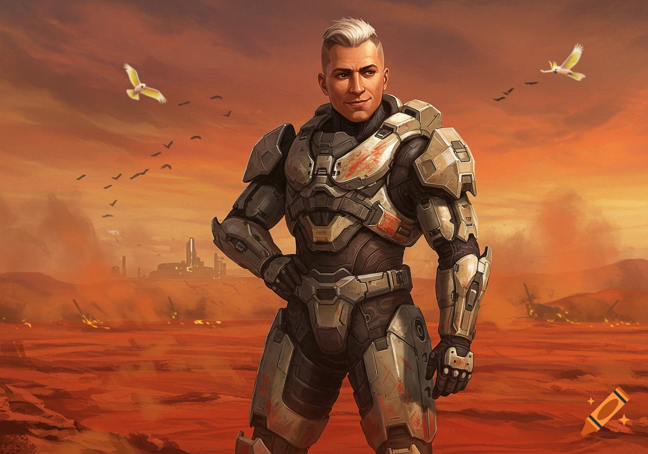 An illustrated confident male soldier in futuristic, battle-damaged armor stands on a red desert planet at sunset with a distant city and crashed ships.