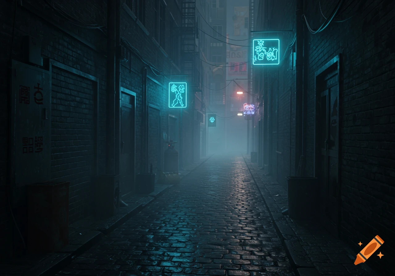 A dark, foggy urban alleyway at night illuminated by blue and red neon signs, featuring a gritty, cyberpunk aesthetic.