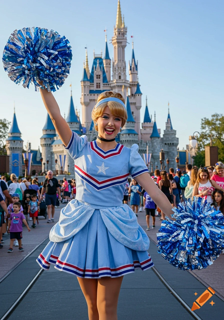 Photorealistic image of Cinderella in a blue cheerleader outfit, holding pom-poms, posing in front of Cinderella's Castle at Walt Disney World.