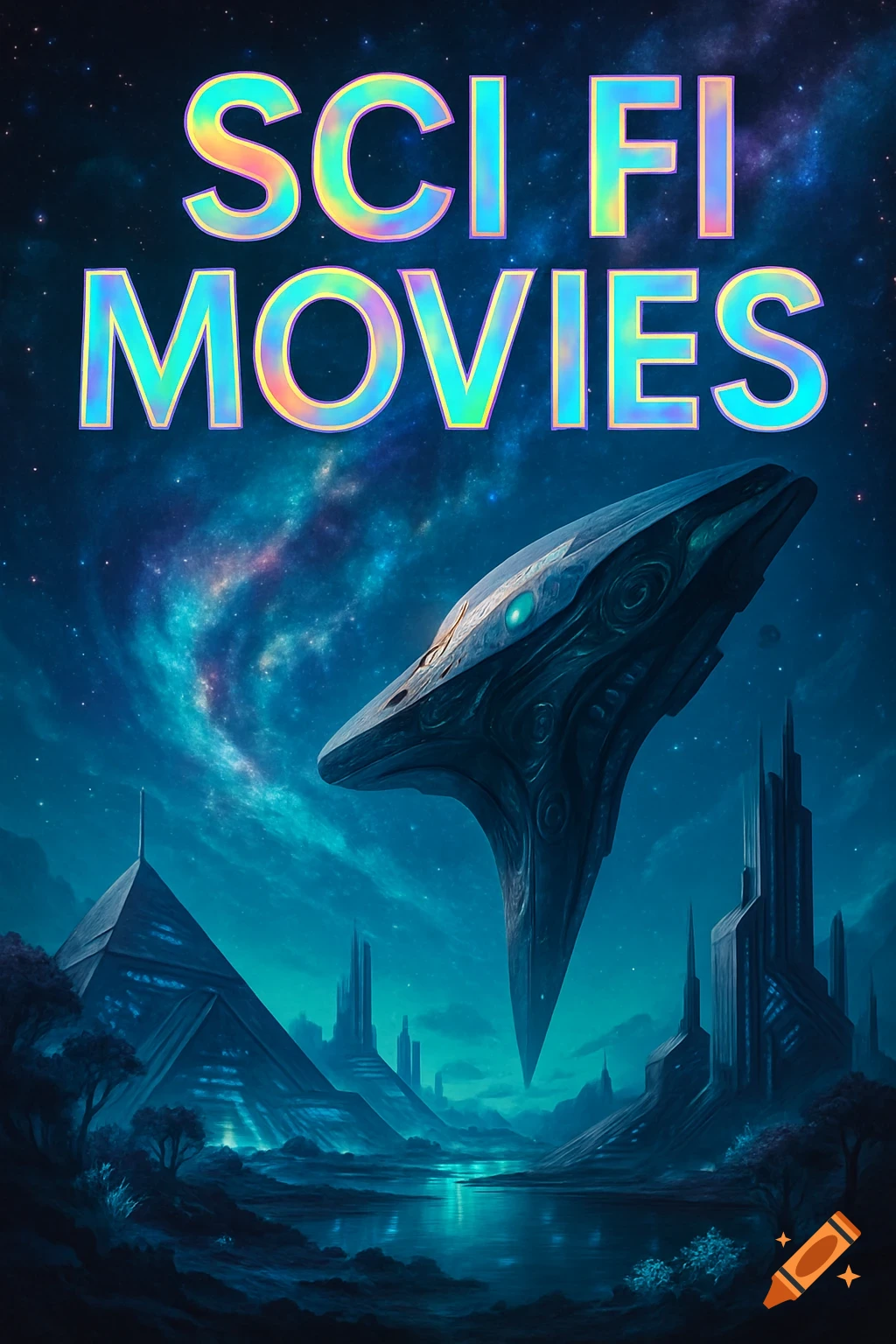 A vibrant, futuristic alien landscape at night with pyramids, a river, and a large hovering spaceship under a starry sky, with 'SCI FI MOVIES' at the top.