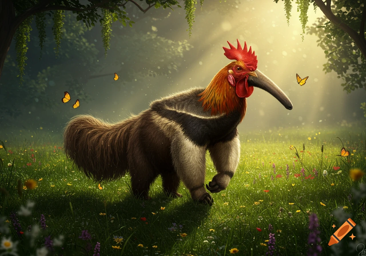 A whimsical hybrid creature with a rooster's head and an anteater's body walks through a sunlit, vibrant green forest clearing with wildflowers and butterflies.