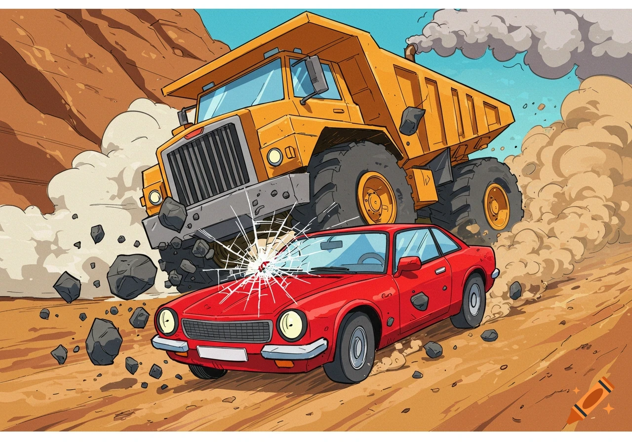 Cartoon of a large yellow dump truck driving over a red car on a dirt road, rocks flying and cracking the car's windshield.