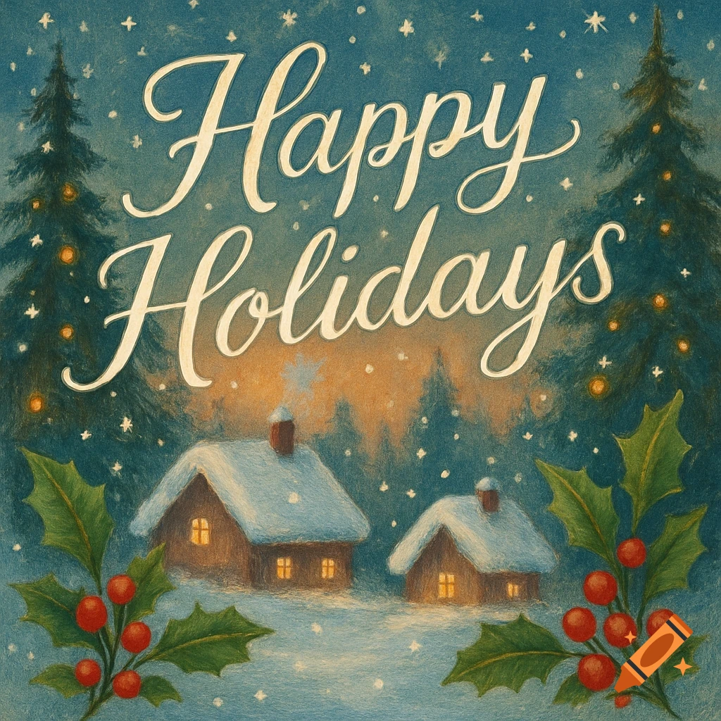 A hand-painted greeting card with "Happy Holidays" text, featuring snowy cabins, pine trees, and holly.