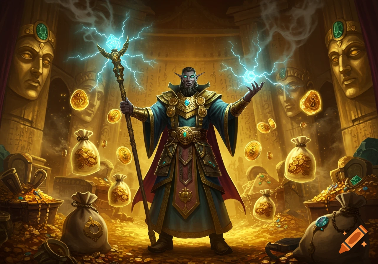 A dark elf wizard with glowing eyes and a staff stands amidst a vast golden treasure hoard, casting blue lightning magic.