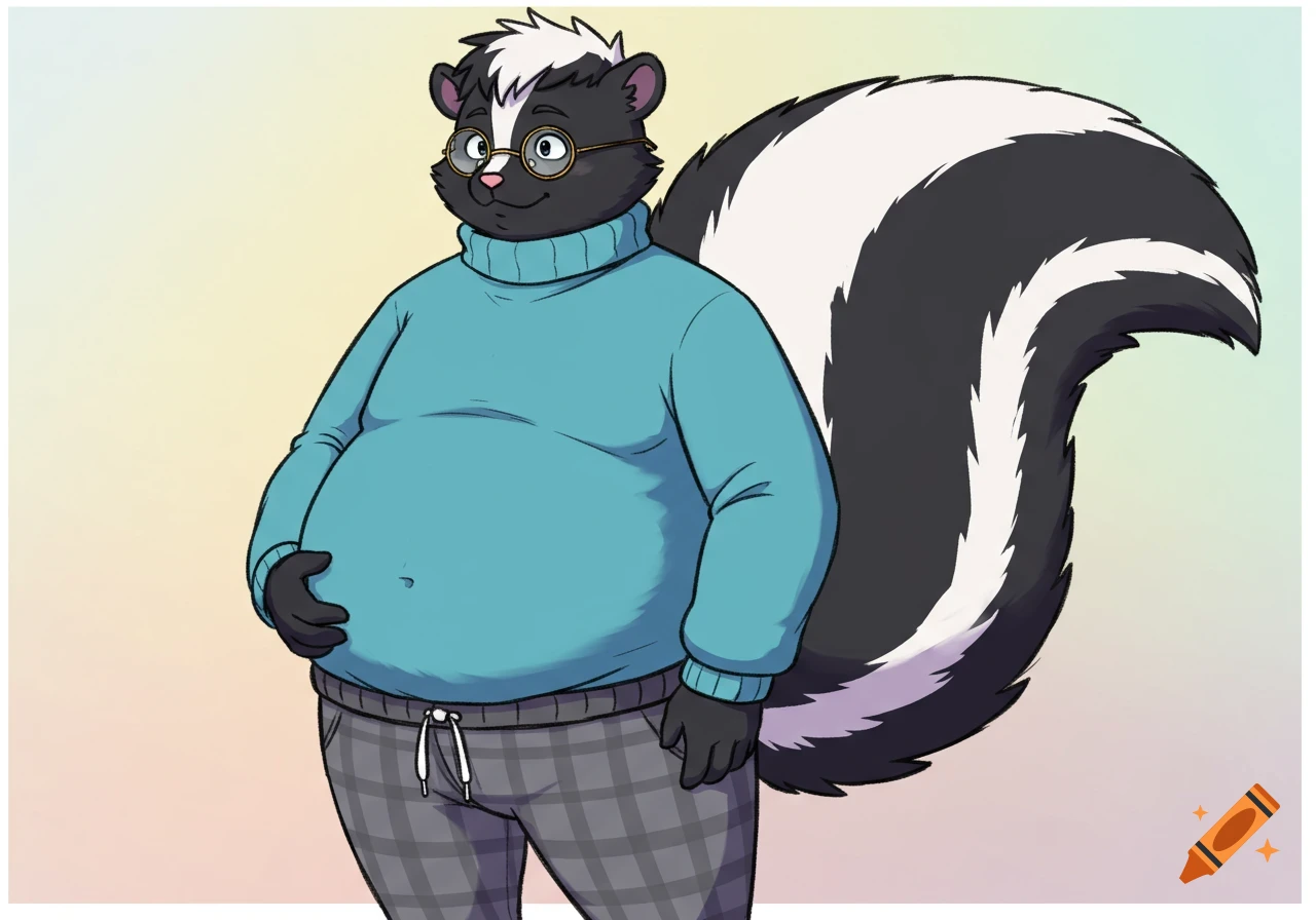 A chubby male anime anthro skunk in a cyan turtleneck, gray plaid sweatpants, and glasses, showing a large belly.