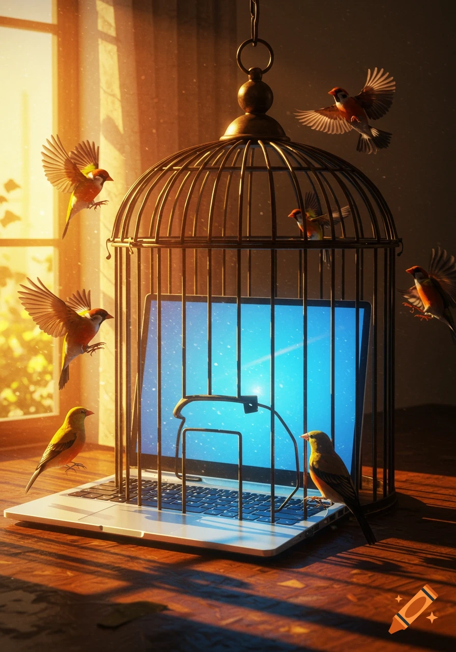 A photorealistic image of a laptop inside an open bird cage with birds flying and perched around it, bathed in warm sunlight.