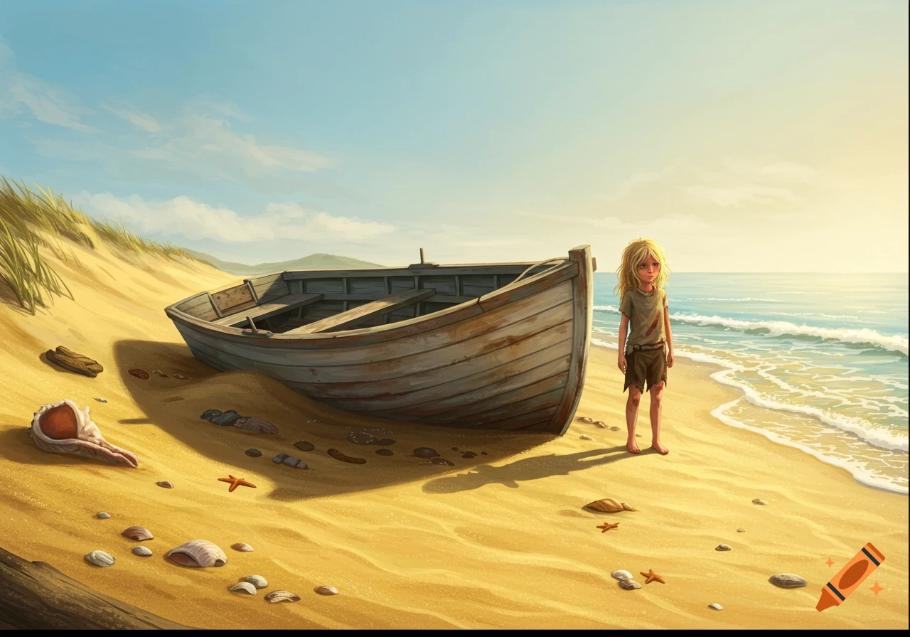 Illustrated scene of a blonde girl in tattered clothes on a sandy beach next to a wooden boat with ocean waves.