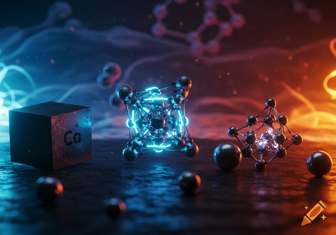 Abstract scientific image of a cube with 'Ca' symbol, glowing molecular structures, and spheres with blue and orange light.