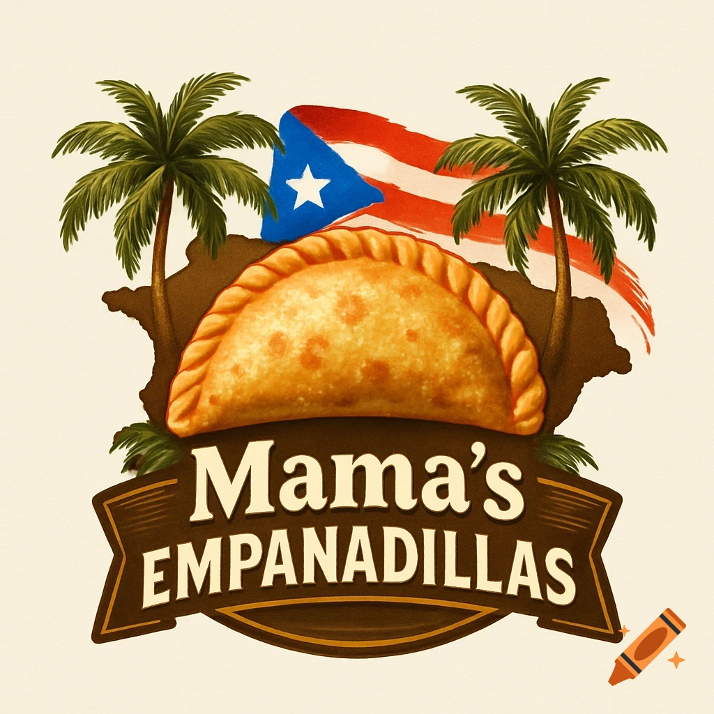A vibrant logo for Mama's Empanadillas with a golden empanadilla, two palm trees, Puerto Rican flag, and island silhouette.