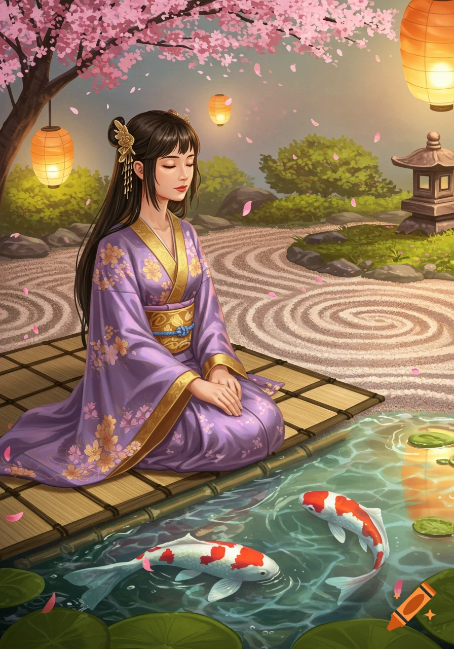 An anime-style Asian woman in a purple kimono meditates on a mat in a Japanese garden with cherry blossoms, lanterns, and koi fish.