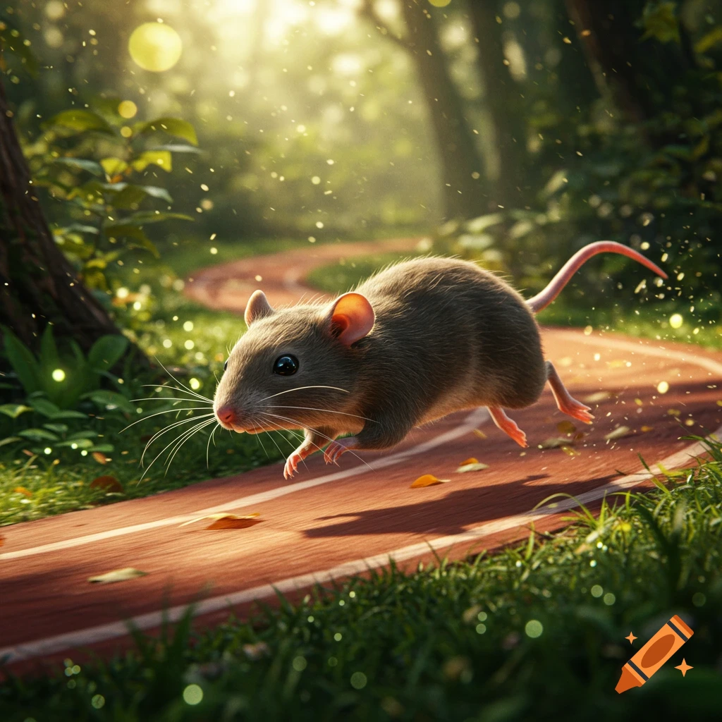 A cute brown rodent runs on a dirt track through a sun-dappled forest.