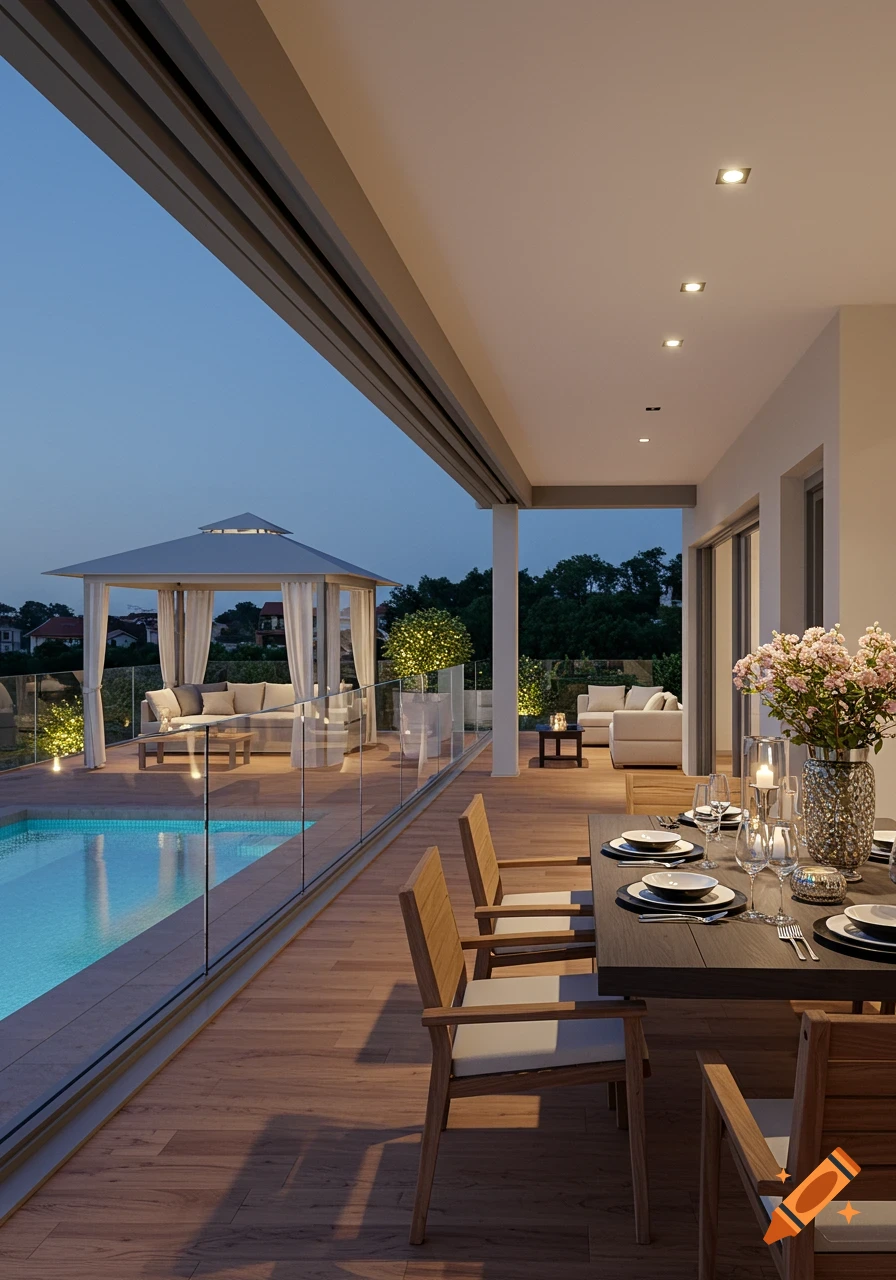 Photorealistic image of a modern outdoor terrace with a set dining table, swimming pool, and lighted gazebo at dusk.