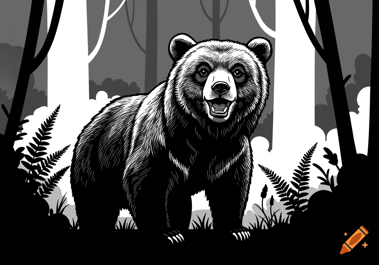 A black and white vector illustration of a happy bear standing in a forest.