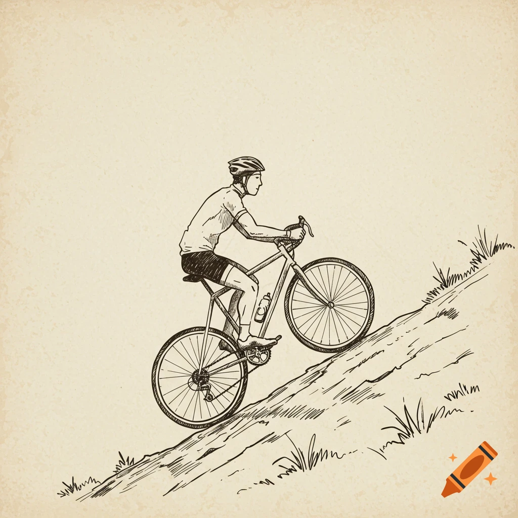 A vintage-inspired hand drawing of a person on a bicycle riding uphill.