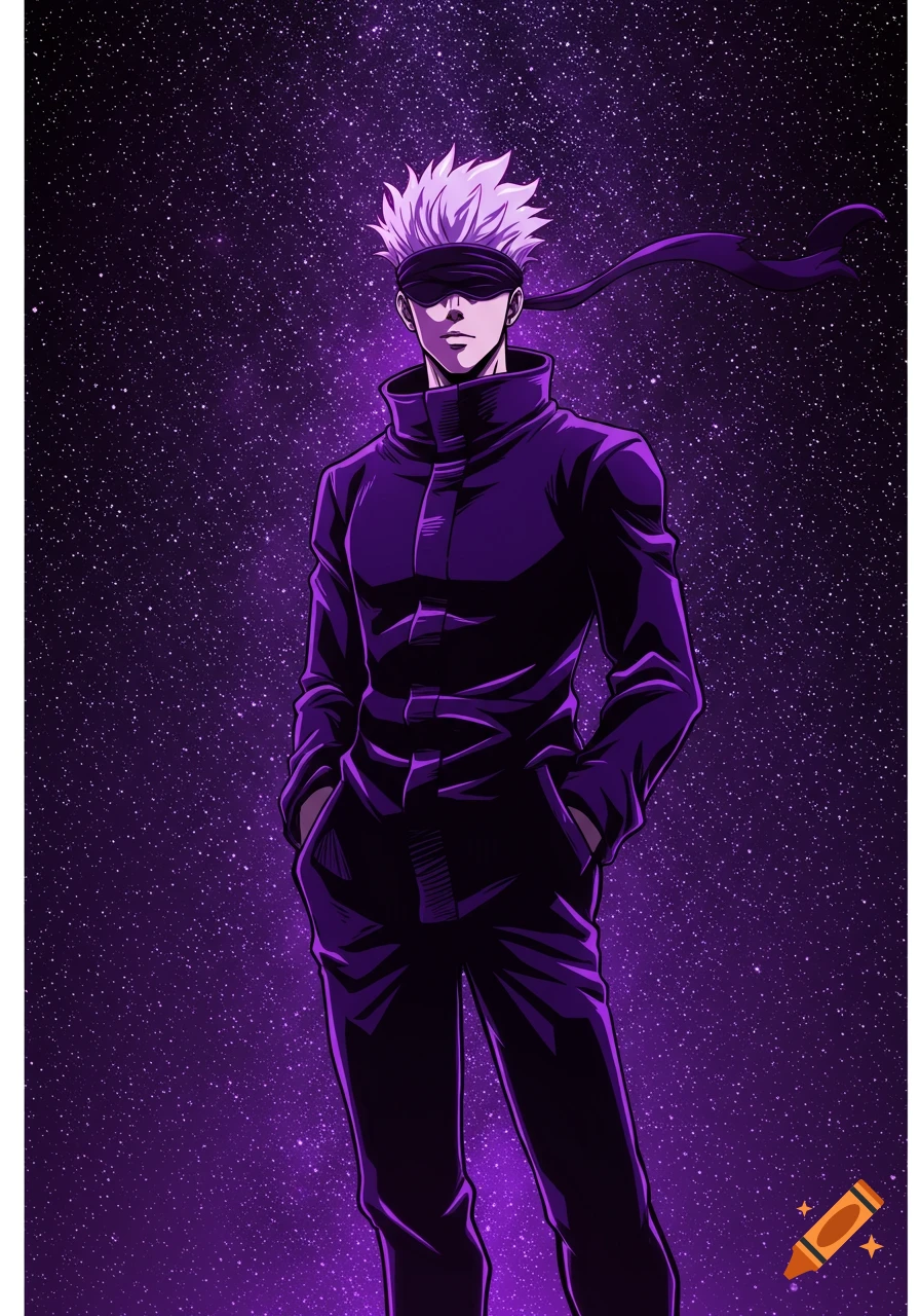 An anime character, Satoru Gojo, with spiky white hair and a black blindfold, stands against a purple starry sky background.