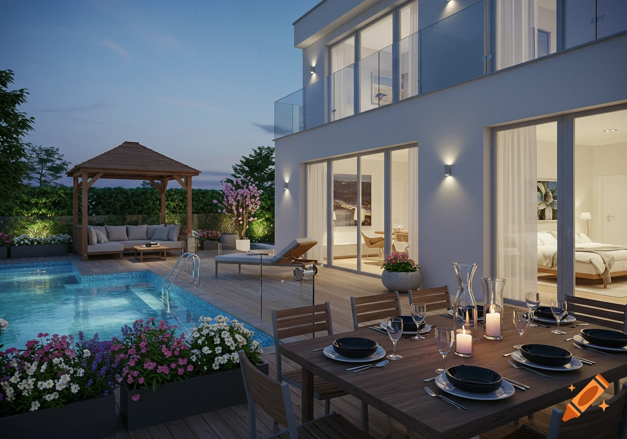 A modern house at dusk with a lighted swimming pool, an outdoor dining table set, and a gazebo lounge area on a wooden deck.
