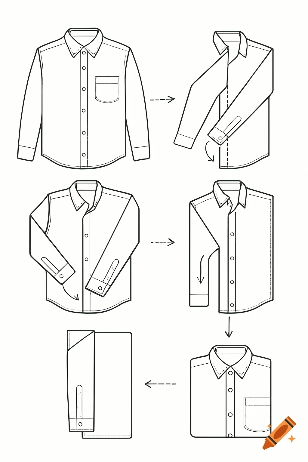 A six-step diagram illustrating how to fold a long-sleeved shirt, rendered in black and white line art.