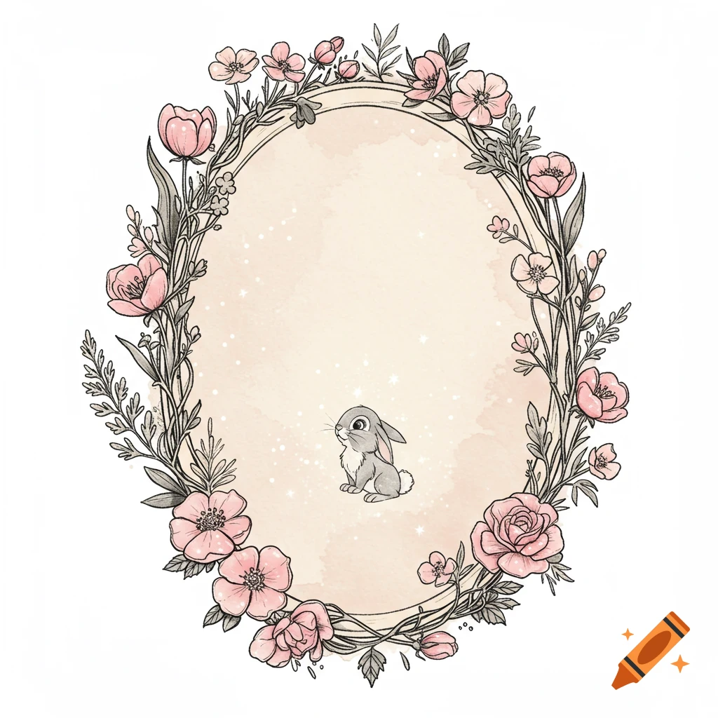 A watercolor-style illustration of a small grey bunny inside an oval frame adorned with pink flowers and green vines.