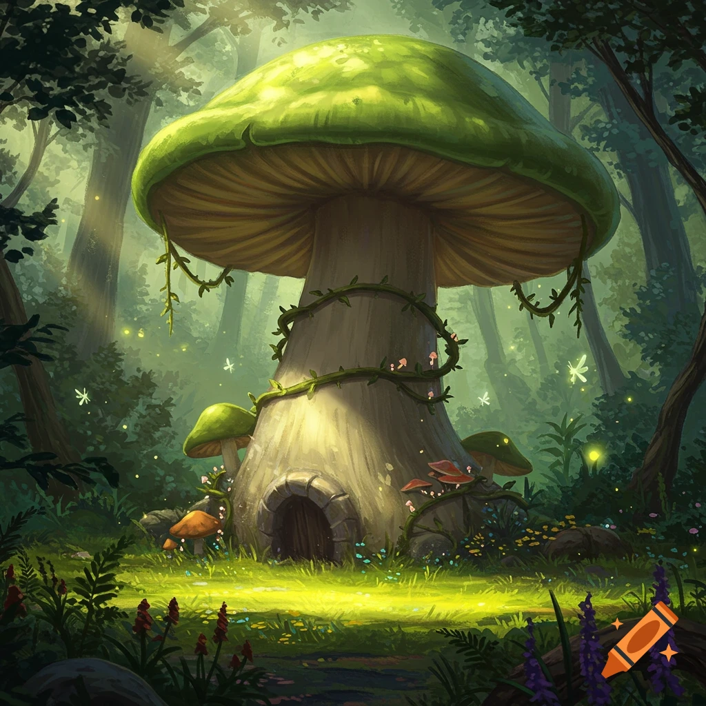 A large, green-capped mushroom house with a stone archway door, nestled in a lush, sun-dappled fantasy forest with glowing fireflies and small red mushrooms.