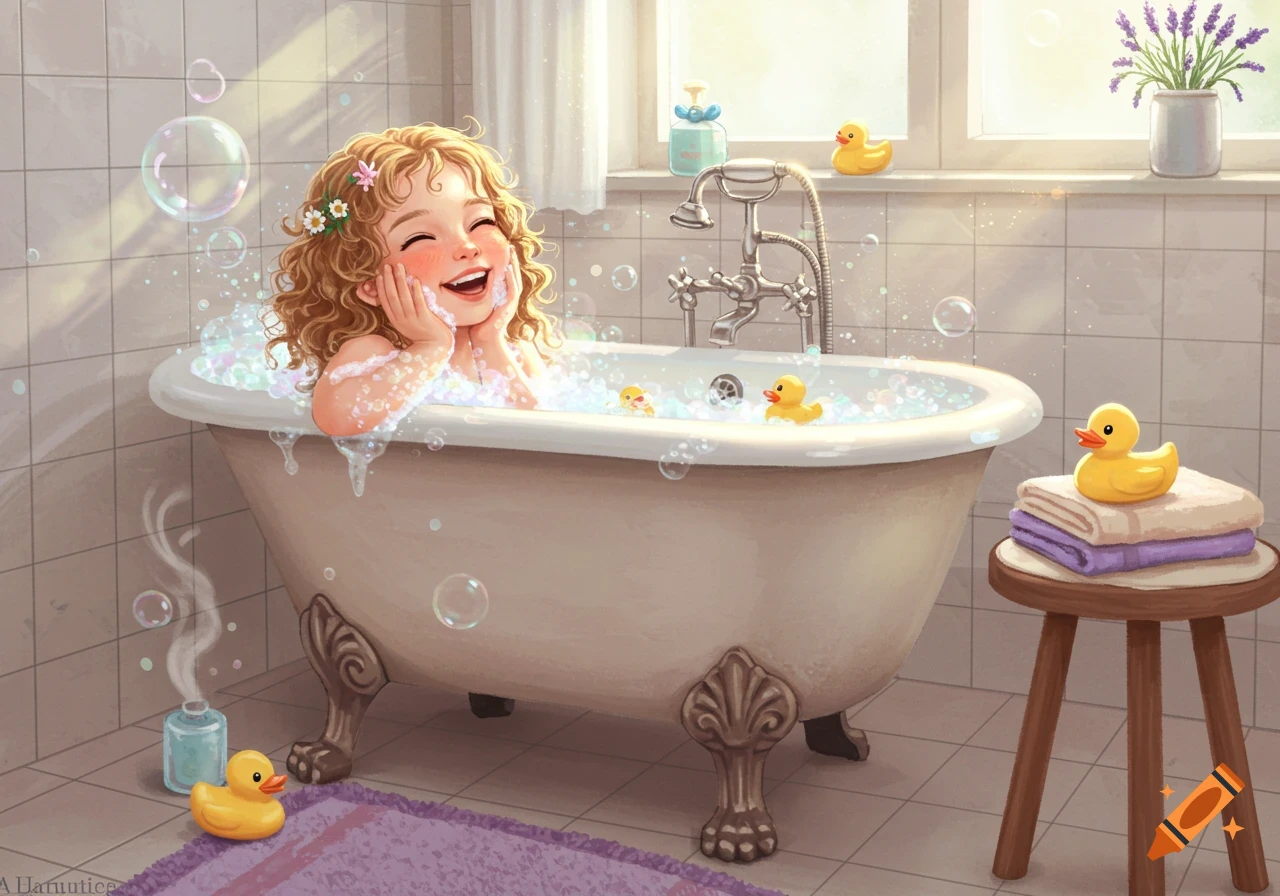 A happy young girl with curly hair smiles while taking a bubble bath with rubber ducks in a bright, cartoon-style bathroom.