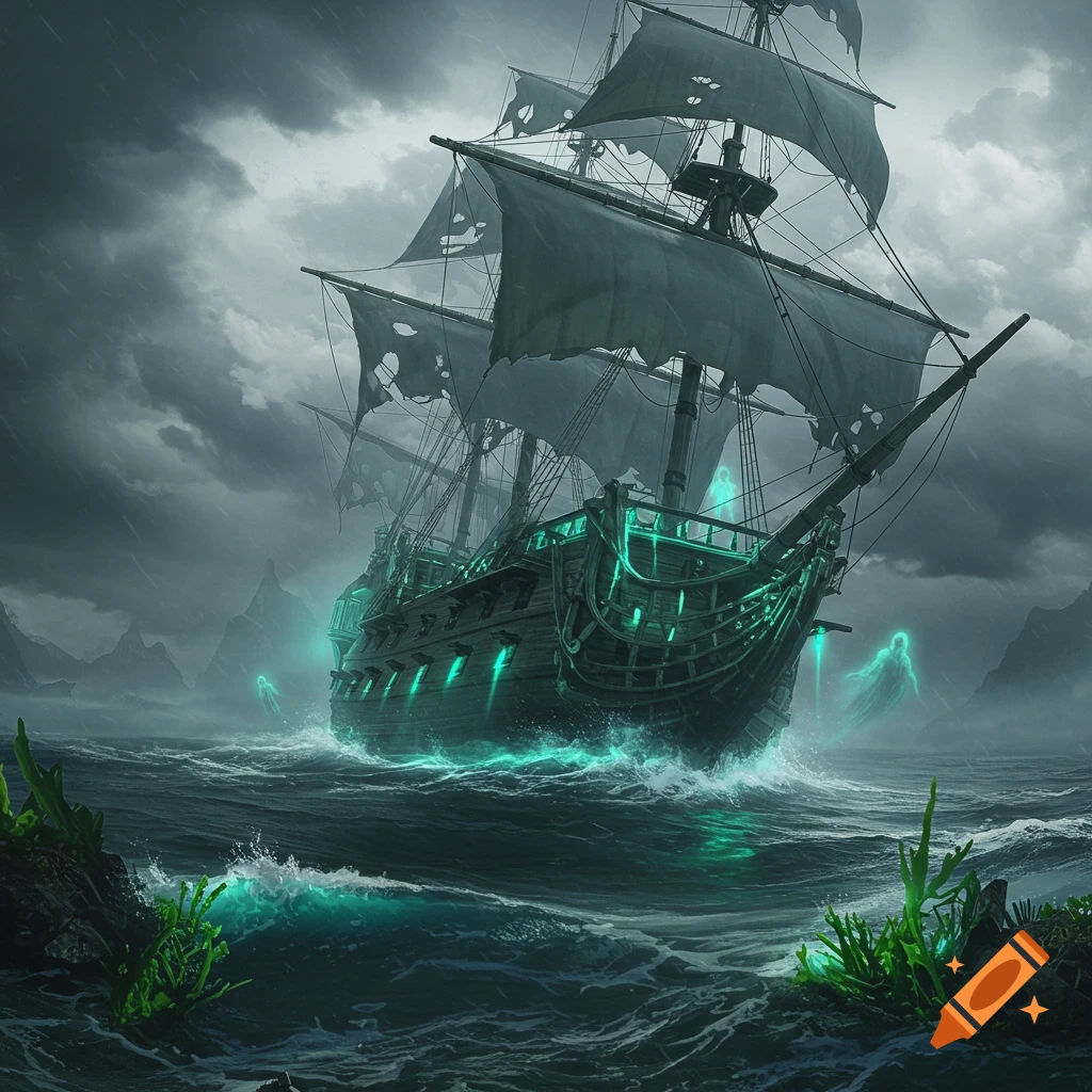 A haunted pirate ship with glowing green lights and ghostly figures sails through dark, stormy seas under a cloudy sky.