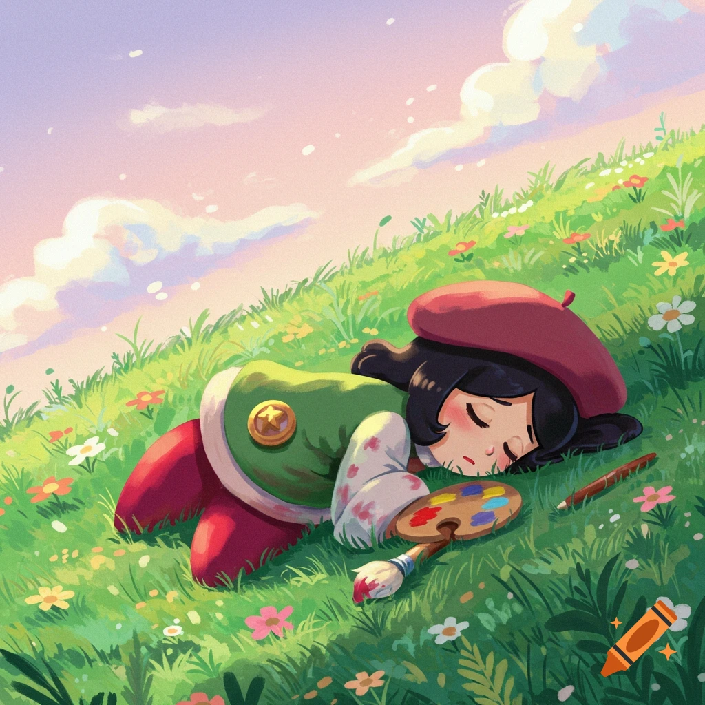Cartoon illustration of Adeleine from Kirby sleeping on a grassy hill with flowers under a pastel sky.