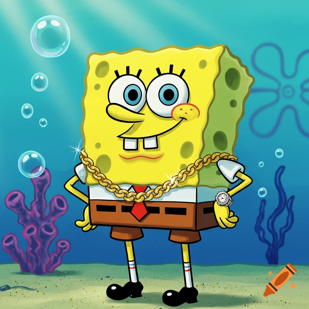 SpongeBob SquarePants stands underwater wearing a gold chain and a watch, with bubbles and coral around him.