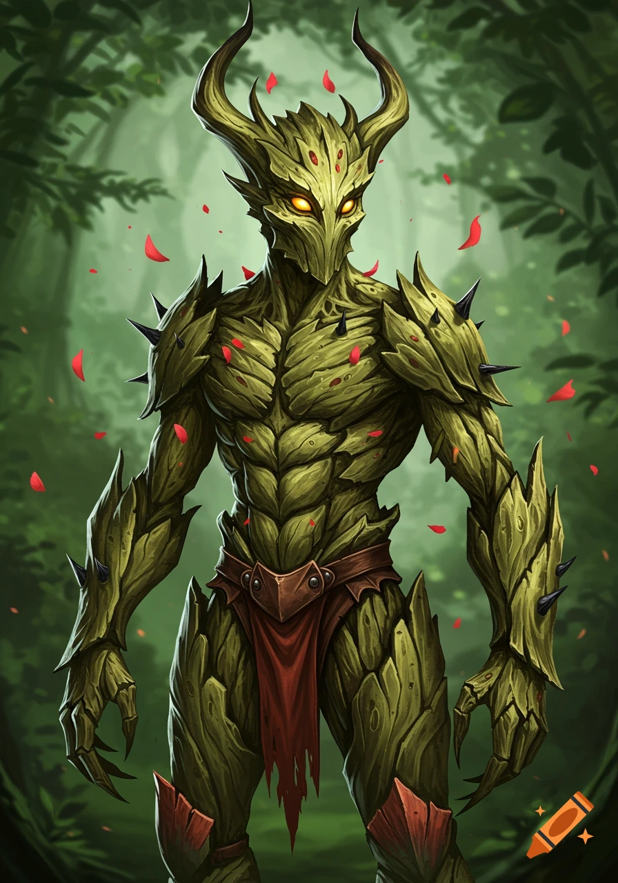 A detailed portrait of a plant humanoid warrior with green bark skin, sharp thorns, amber glowing eyes, and red petals falling around it in a forest.