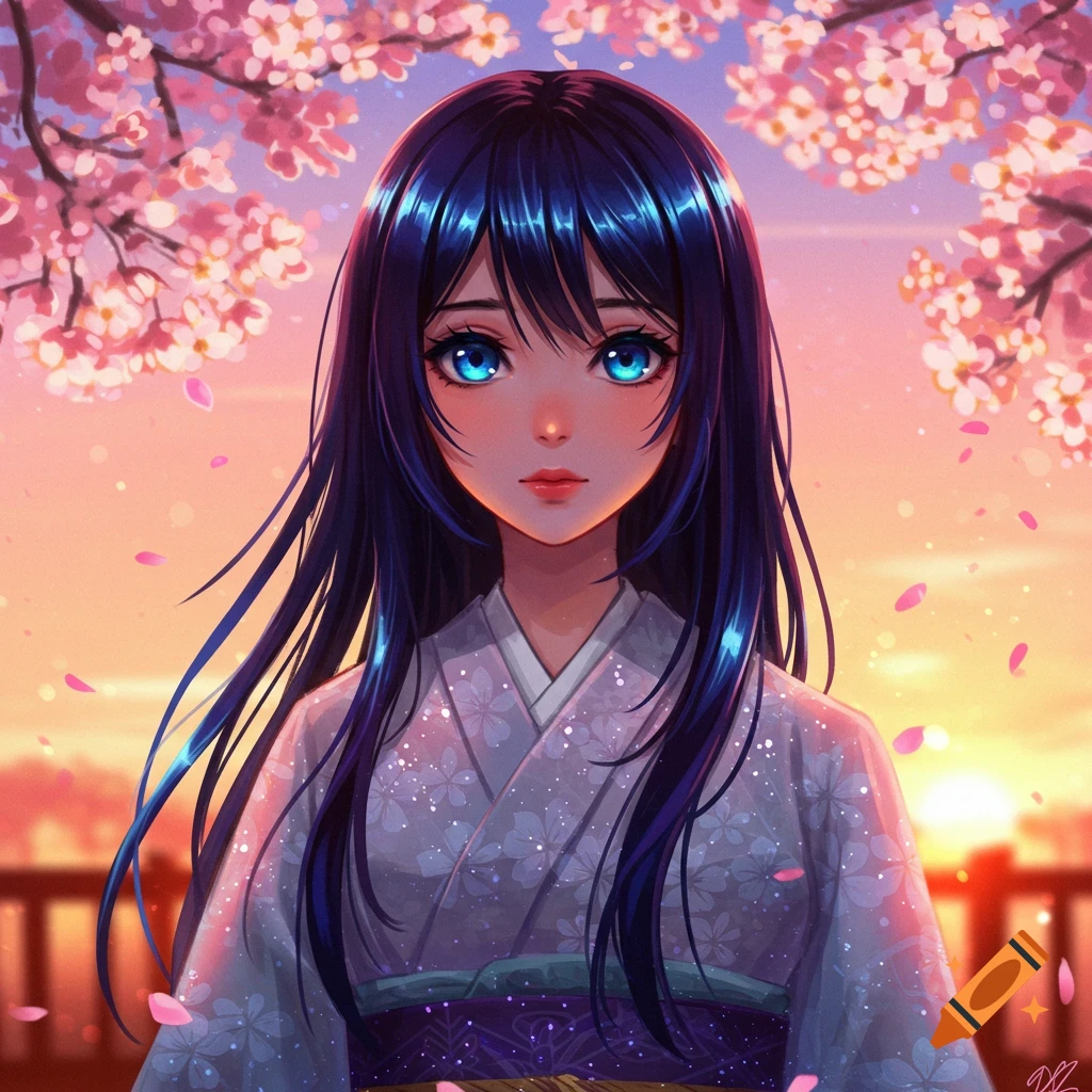 Anime girl with dark hair and bright blue eyes in a kimono, standing under cherry blossoms at sunset in an anime art style.