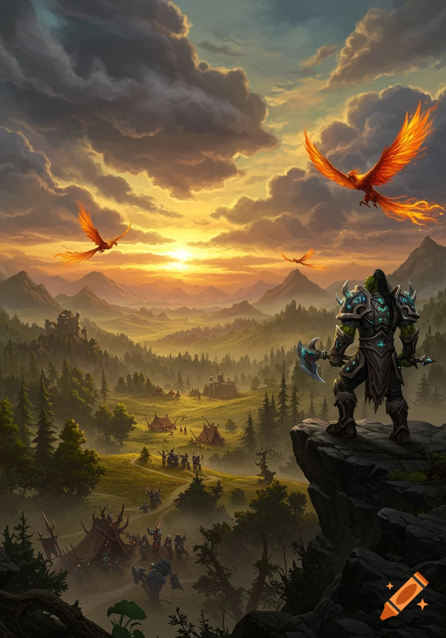 An armored orc stands on a cliff overlooking a vast fantasy landscape with a distant camp at sunset, as three fiery phoenixes fly through the sky.