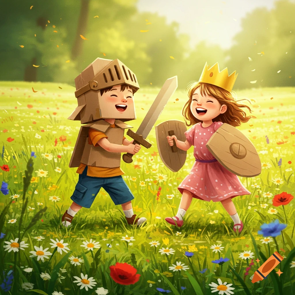 A cartoon boy in a cardboard knight costume and a girl in a princess dress play-fighting with a sword and shields in a sunny, wildflower field.