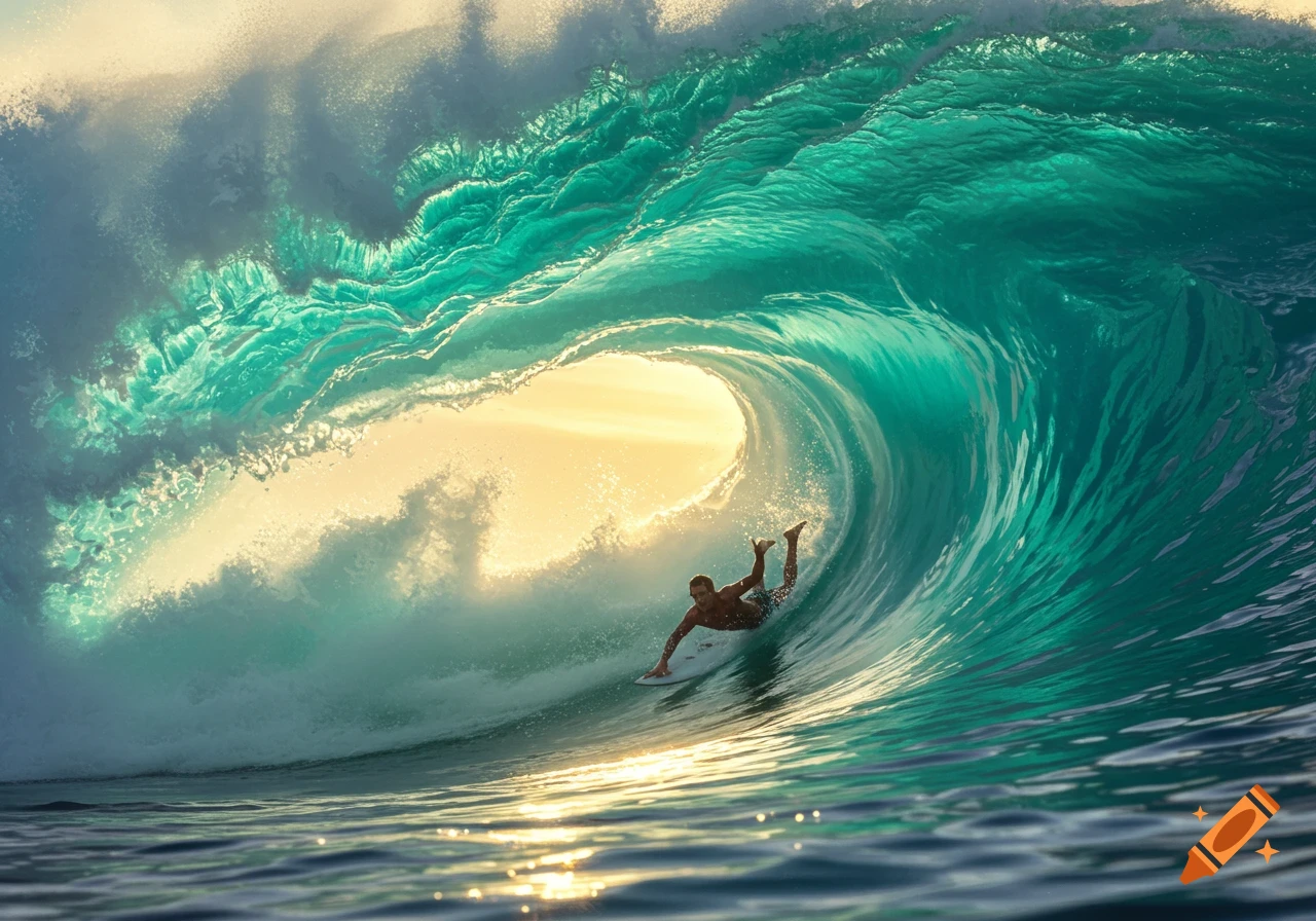 A surfer rides inside a large, turquoise barreling wave, with golden sunlight shining through the wave's opening.