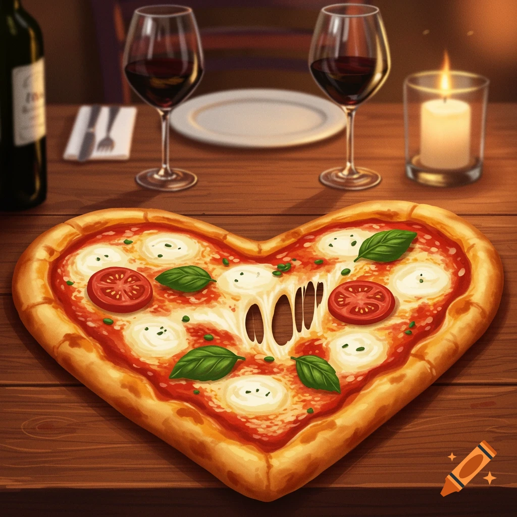 A heart-shaped pizza on a wooden table with wine glasses, a wine bottle, and a lit candle, set for a romantic dinner.