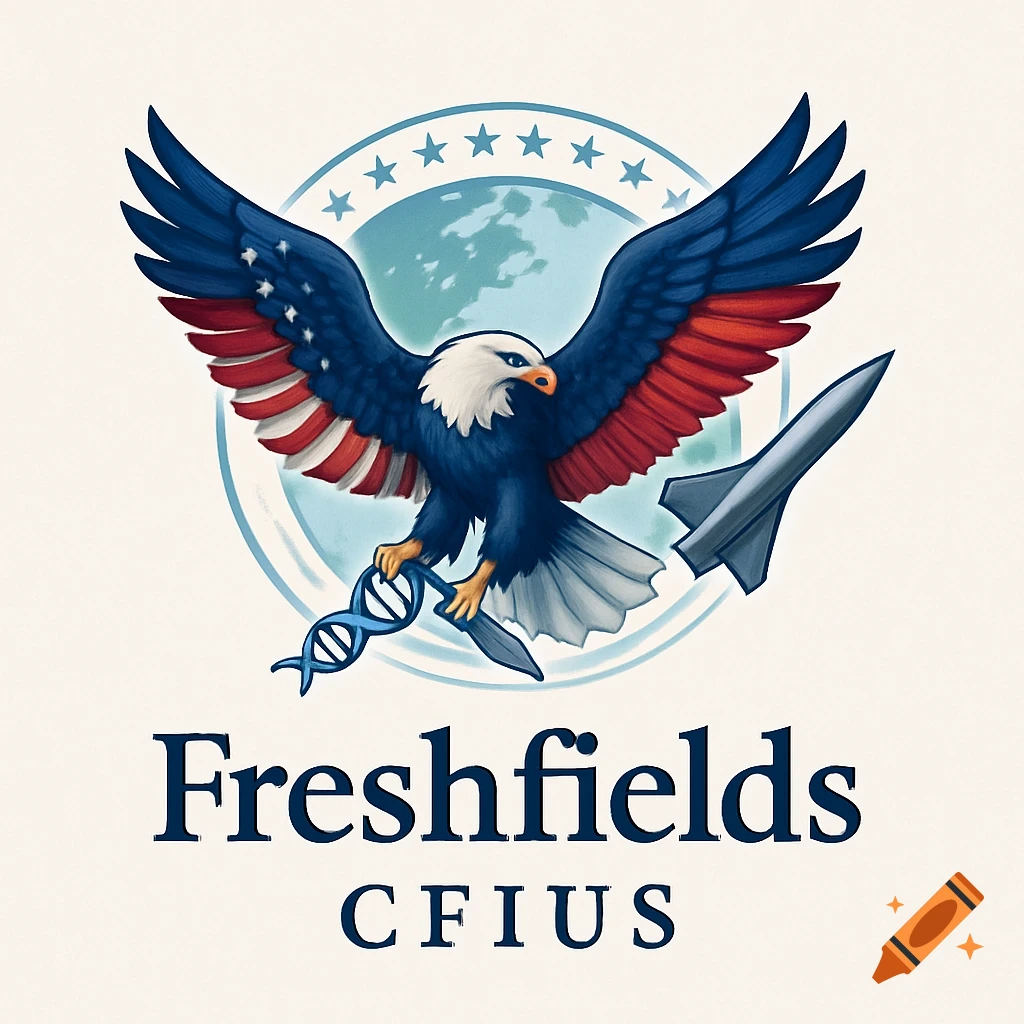 A corporate logo featuring an eagle with US flag-colored wings, holding a DNA strand and a rocket, above the text 'Freshfields CFIUS'.