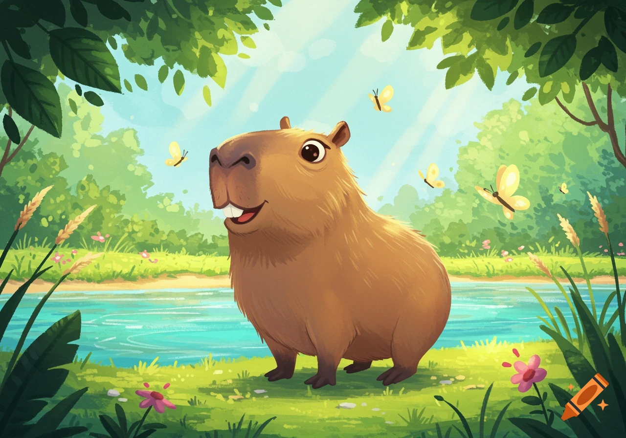 A happy cartoon capybara stands by a river in a lush green forest with butterflies flying around.